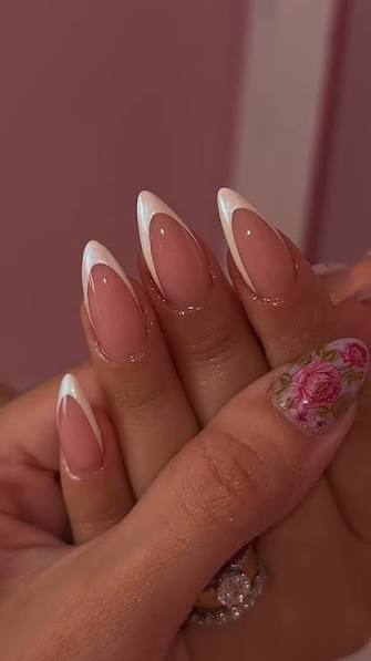 Pearlescent Floral French Almonds Pearlescent Floral French Almonds — almond nail inspo