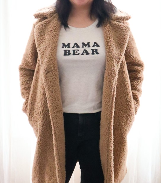 Graphic Statement: Brown Teddy Coat with 'MAMA BEAR' Tee — Teddy Coat Outfits