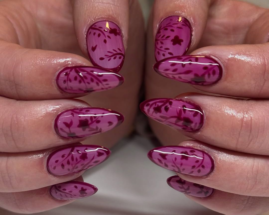 Magenta Floral Vine Stiletto Nails Magenta Floral Vine Stiletto Nails — Winter Purple Nails