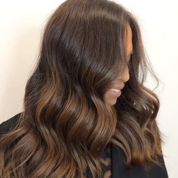 Shoulder Length Copper Toned Highlights — Dark Chocolate Brown Hair