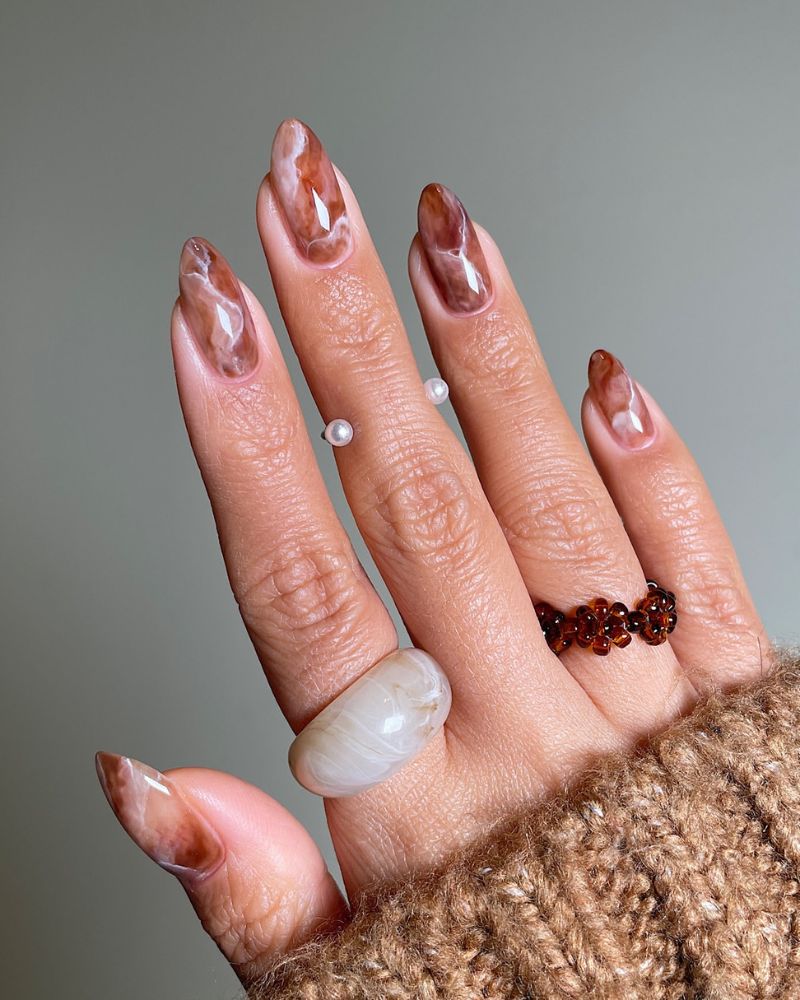 Brown White Natural Stone Marble Almond Nails — Winter Marble Nails