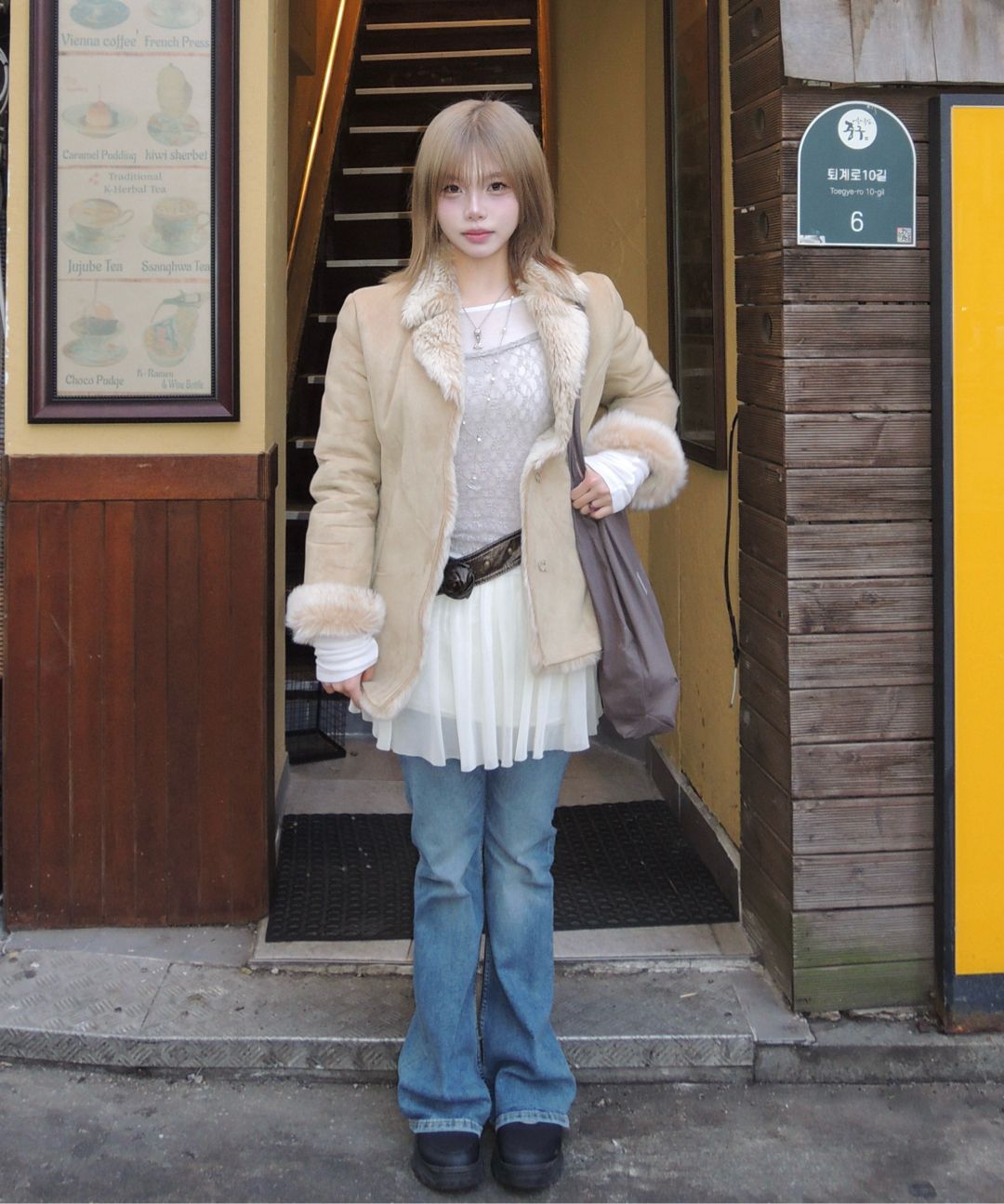 Beige Faux Fur Jacket with Pleated Skirt — Korean Winter Outfits
