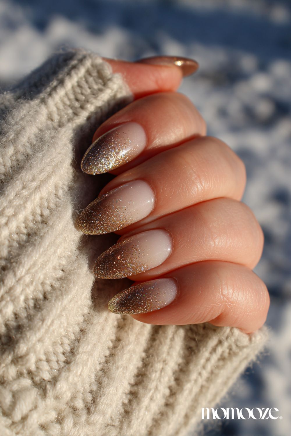 Brown Gold Glitter French Ombre Almonds Brown Gold Glitter French Ombre Almonds — Winter Formal Nails