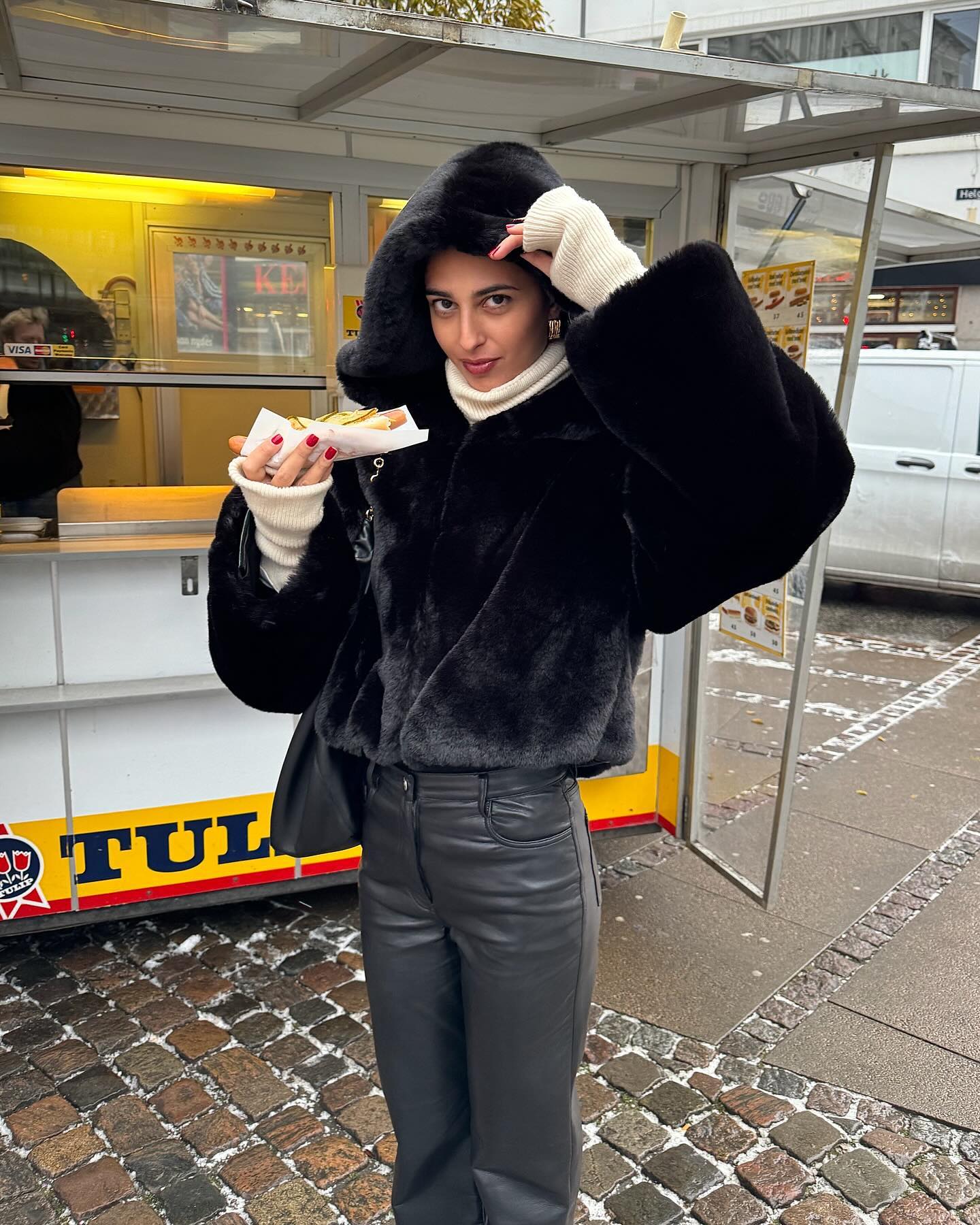 Grey Puffer Jacket with Multi-Colored Scarf and Wide-Leg Jeans — Europe Winter Outfits