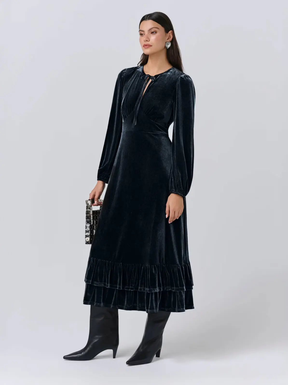 Dark Teal Velvet Midi Dress with Ruffled Hem and Leather Boots Dark Teal Velvet Midi Dress with Ruffled Hem and Leather Boots — Winter Wedding Guest Outfits