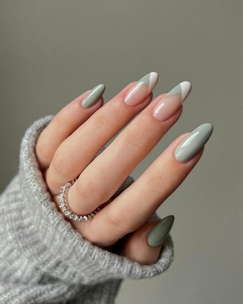 Sage Green French Tips with Nude Base Sage Green French Tips with Nude Base — Winter Green Nails