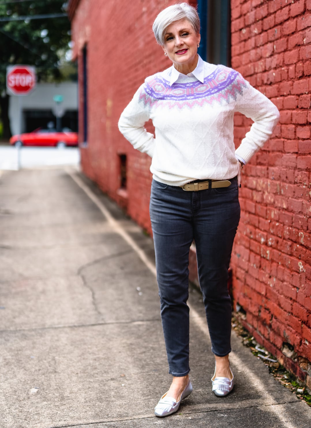 White Fair Isle Sweater with Grey Jeans and Silver Flats White Fair Isle Sweater with Grey Jeans and Silver Flats — Fair Isle Sweater Outfits