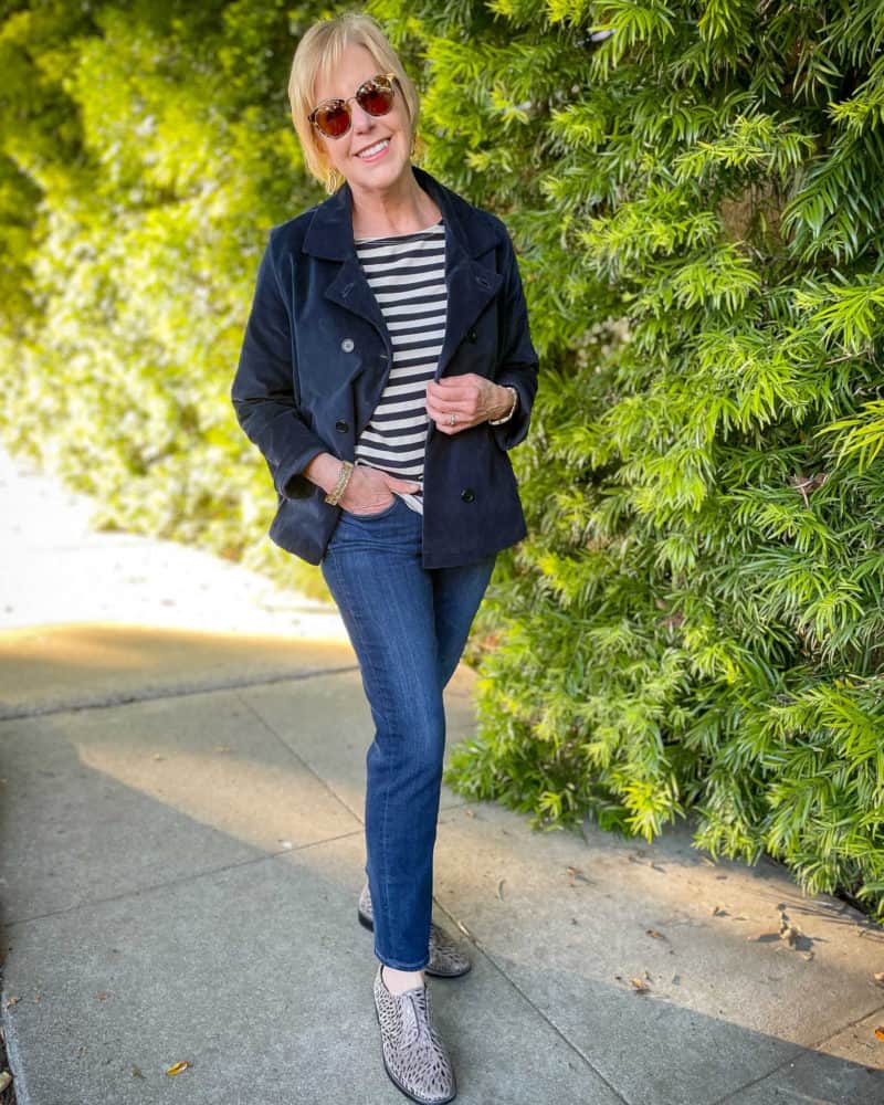 Casual Cool: Navy Corduroy Peacoat with Sneakers — Peacoat Outfits