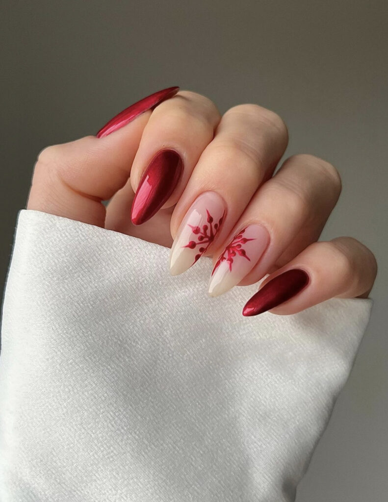 Nude Base Red Snowflake Stiletto Nails Nude Base Red Snowflake Stiletto Nails — Winter Red Nails