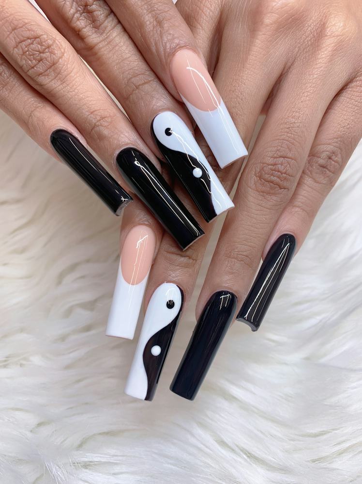 Black White Yin Yang Coffin Nails Black White Yin Yang Coffin Nails — coffin nail designs