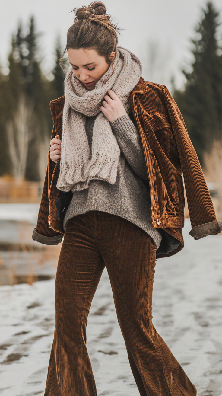 Corduroy Pants and Jacket with Grey Knit Sweater and Scarf — Boho Winter Outfits