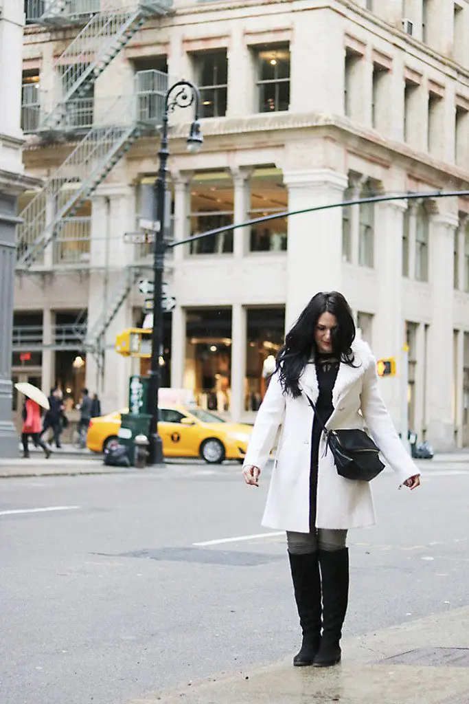 White Faux Fur Coat with Black Dress and Thigh-High Socks — NYC Winter Outfits