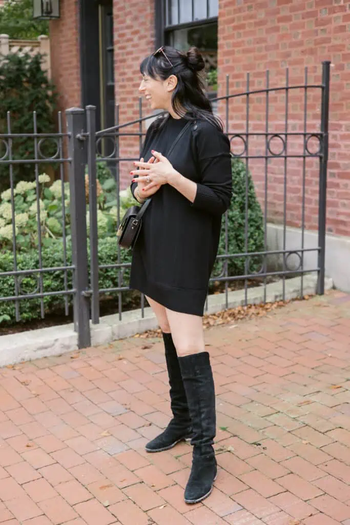 Black Suede Knee-High Boots with Oversized Sweater Dress — Over the Knee Boots Outfits