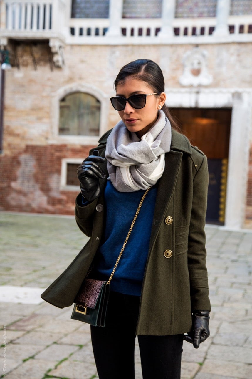 Olive Green Coat with Striped Scarf for Travel — Winter Travel Outfits