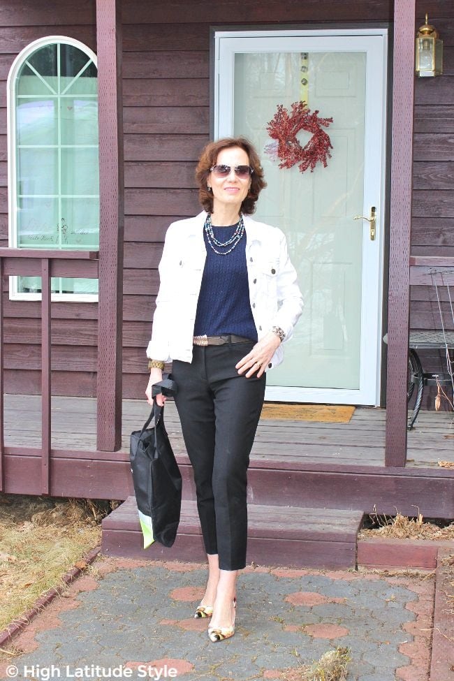 White Denim Jacket and Navy Sweater for a Casual Layered Look White Denim Jacket and Navy Sweater for a Casual Layered Look — Winter Outfits for Petite Women
