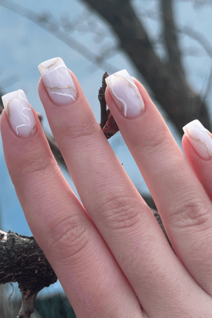 Milky White Gold Line Marble Square Nails — Winter Marble Nails