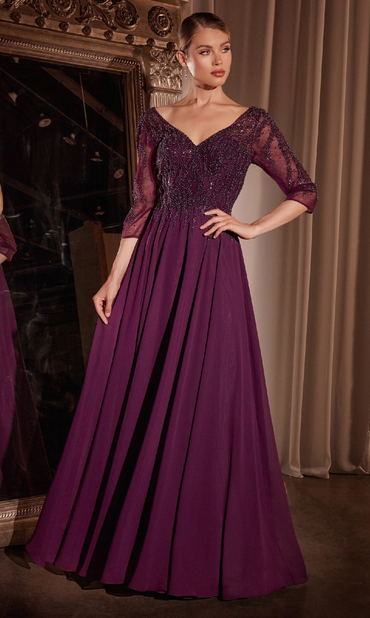 Formal Royal Purple Prom Dress with Embellished Bodice and Sheer Sleeves Formal Royal Purple Prom Dress with Embellished Bodice and Sheer Sleeves — Royal Purple Outfits