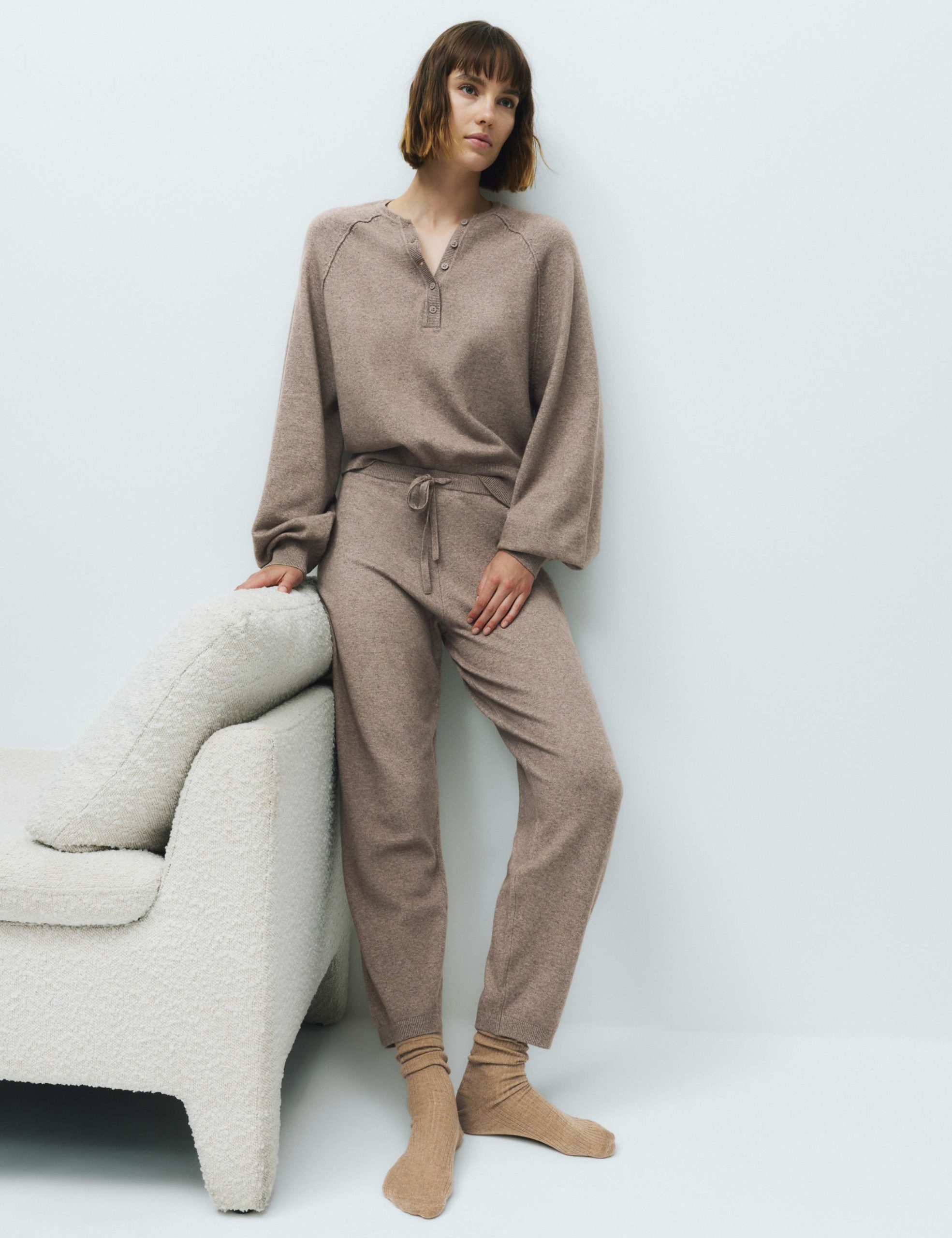 Brown Knit Henley Top and Drawstring Pants — Loungewear Outfits