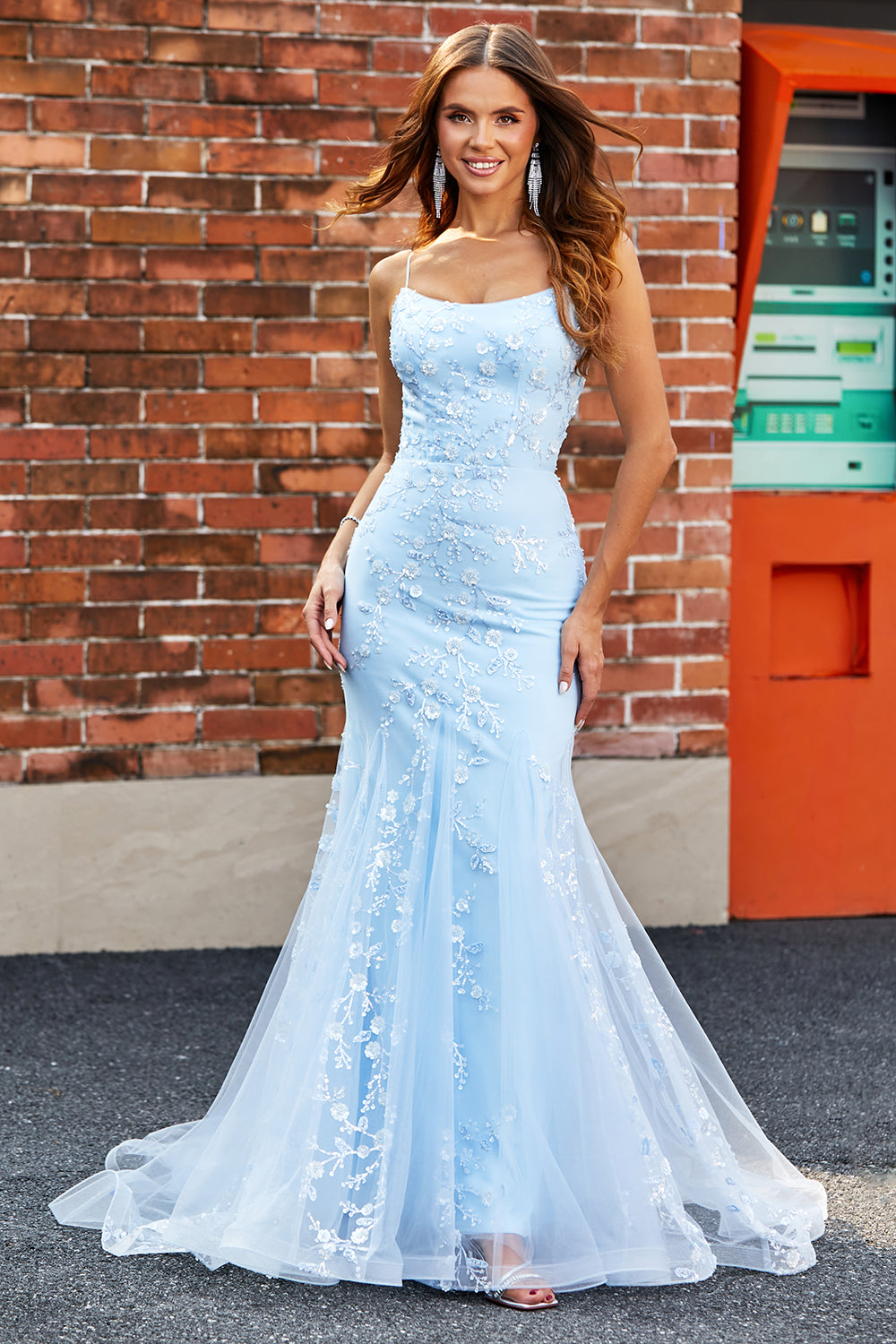 Light Blue Mermaid Gown with White Floral Appliques Light Blue Mermaid Gown with White Floral Appliques — Winter Formal Dresses