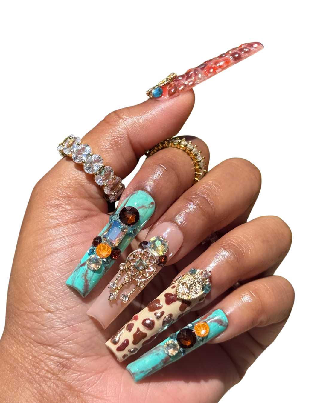 Turquoise Marble Cow Print Charm Coffin Nails Turquoise Marble Cow Print Charm Coffin Nails — coffin nail designs