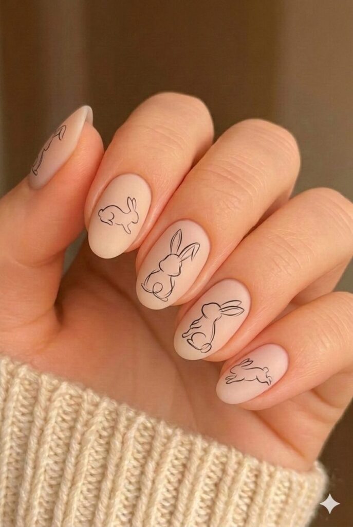Matte Nude with Bunny Line Art Matte Nude with Bunny Line Art — simple nail designs