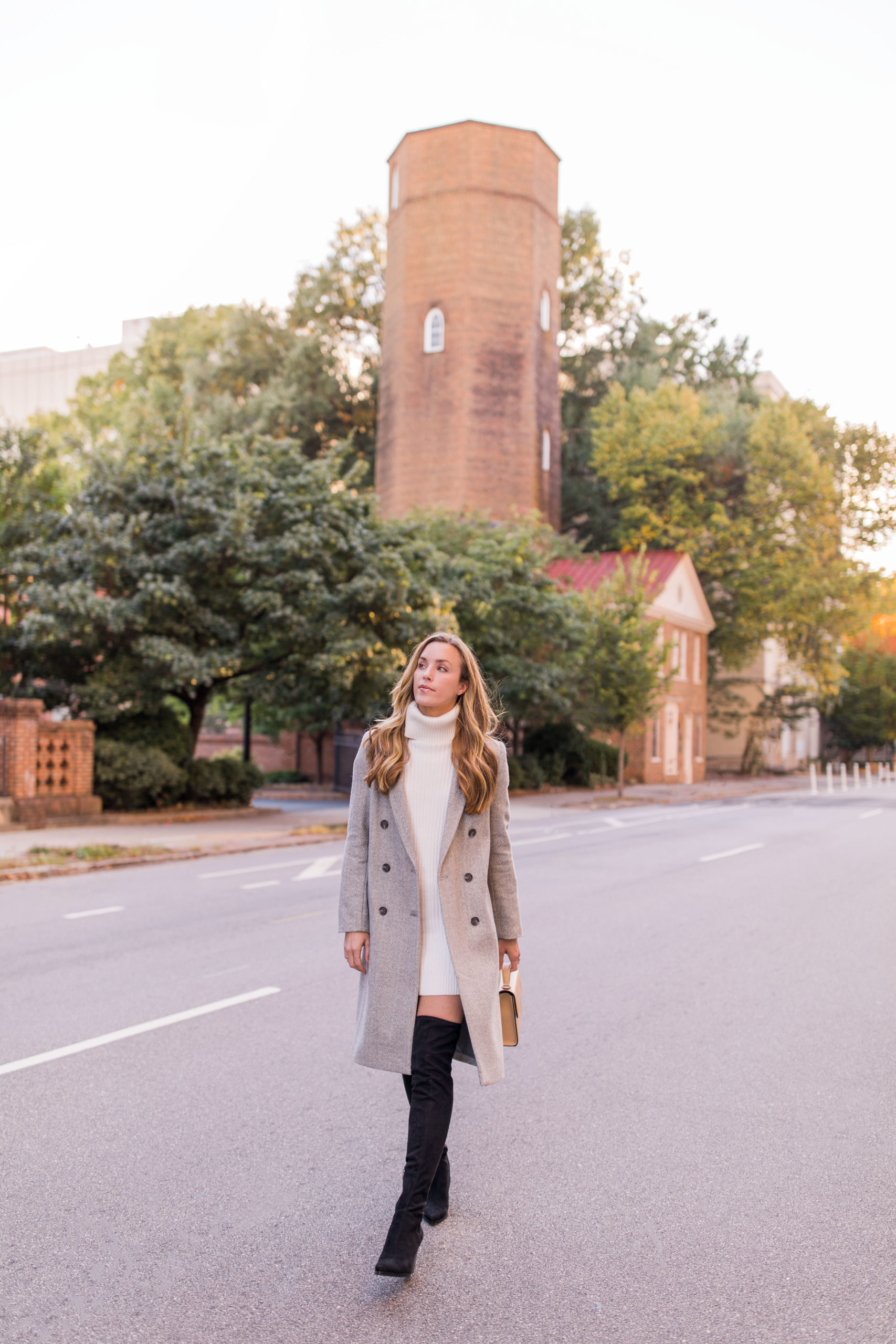 Cream Turtleneck Dress with Grey Wool Coat — Turtleneck Outfits