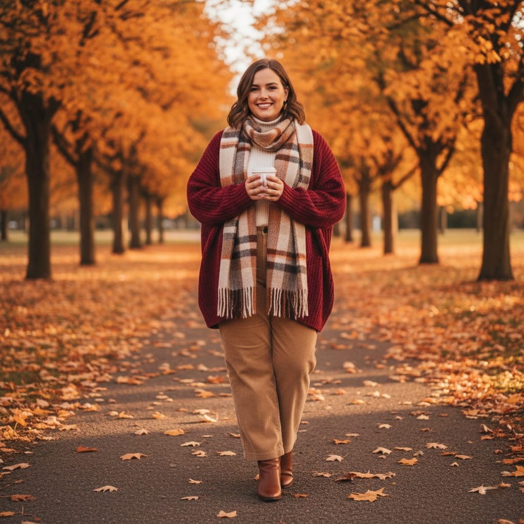 Cozy Burgundy Cardigan with Corduroy Trousers Cozy Burgundy Cardigan with Corduroy Trousers — Winter Outfits for Plus Size Women