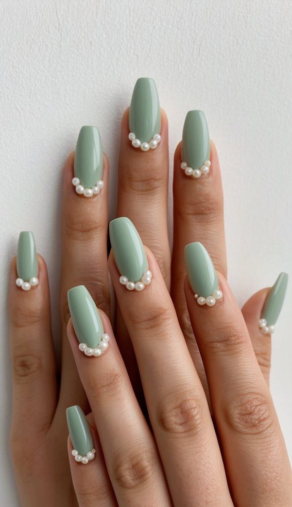 Muted Sage Green with Pearl Cuticle Arc Muted Sage Green with Pearl Cuticle Arc — green nail designs