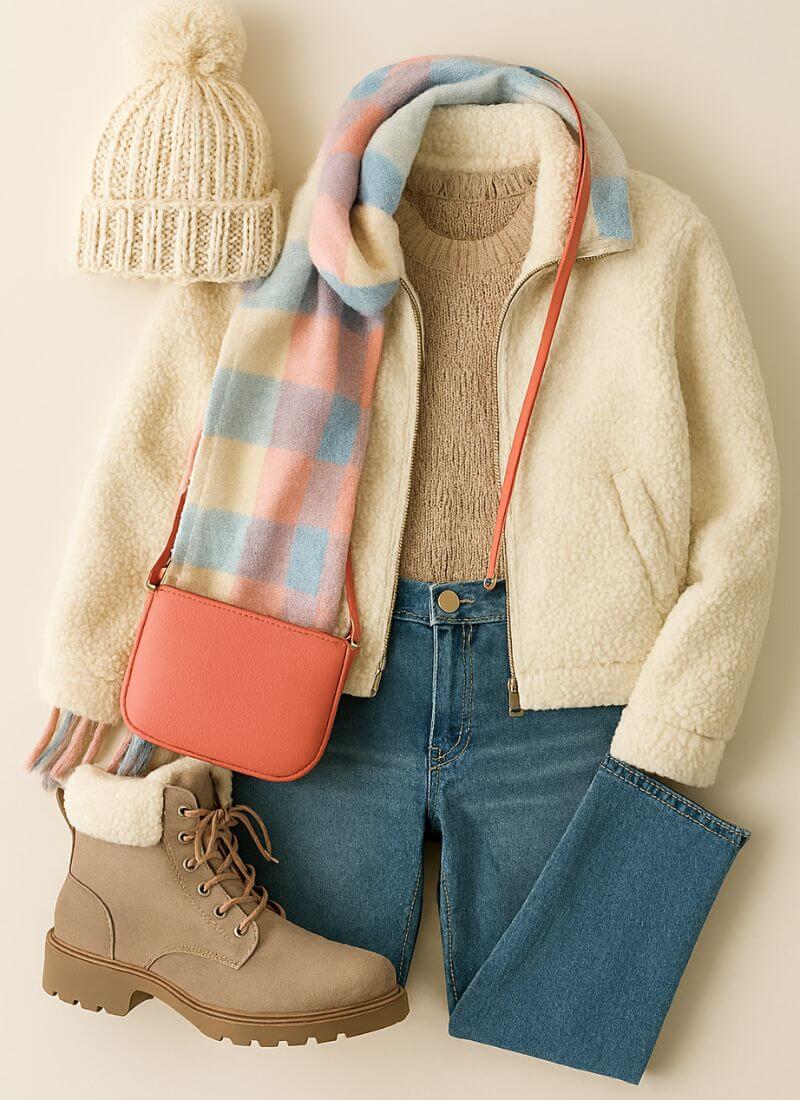 Cream Teddy Jacket with Beige Sweater and Plaid Scarf Cream Teddy Jacket with Beige Sweater and Plaid Scarf — Cute Winter Outfits