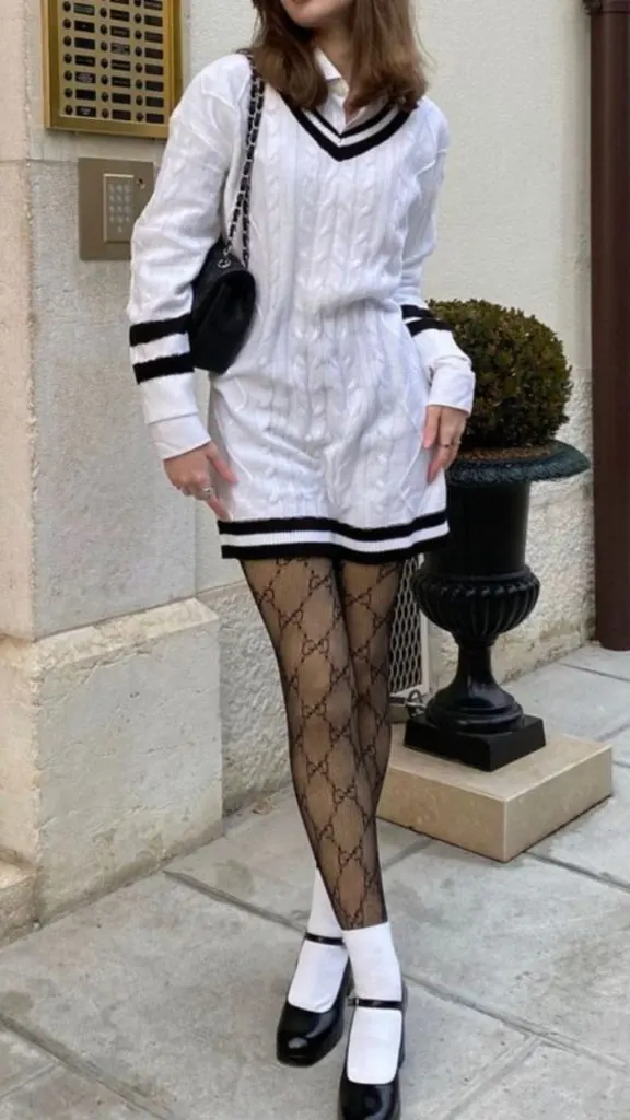 Cable-Knit Sweater Dress with Patterned Tights Cable-Knit Sweater Dress with Patterned Tights — Winter School Outfits