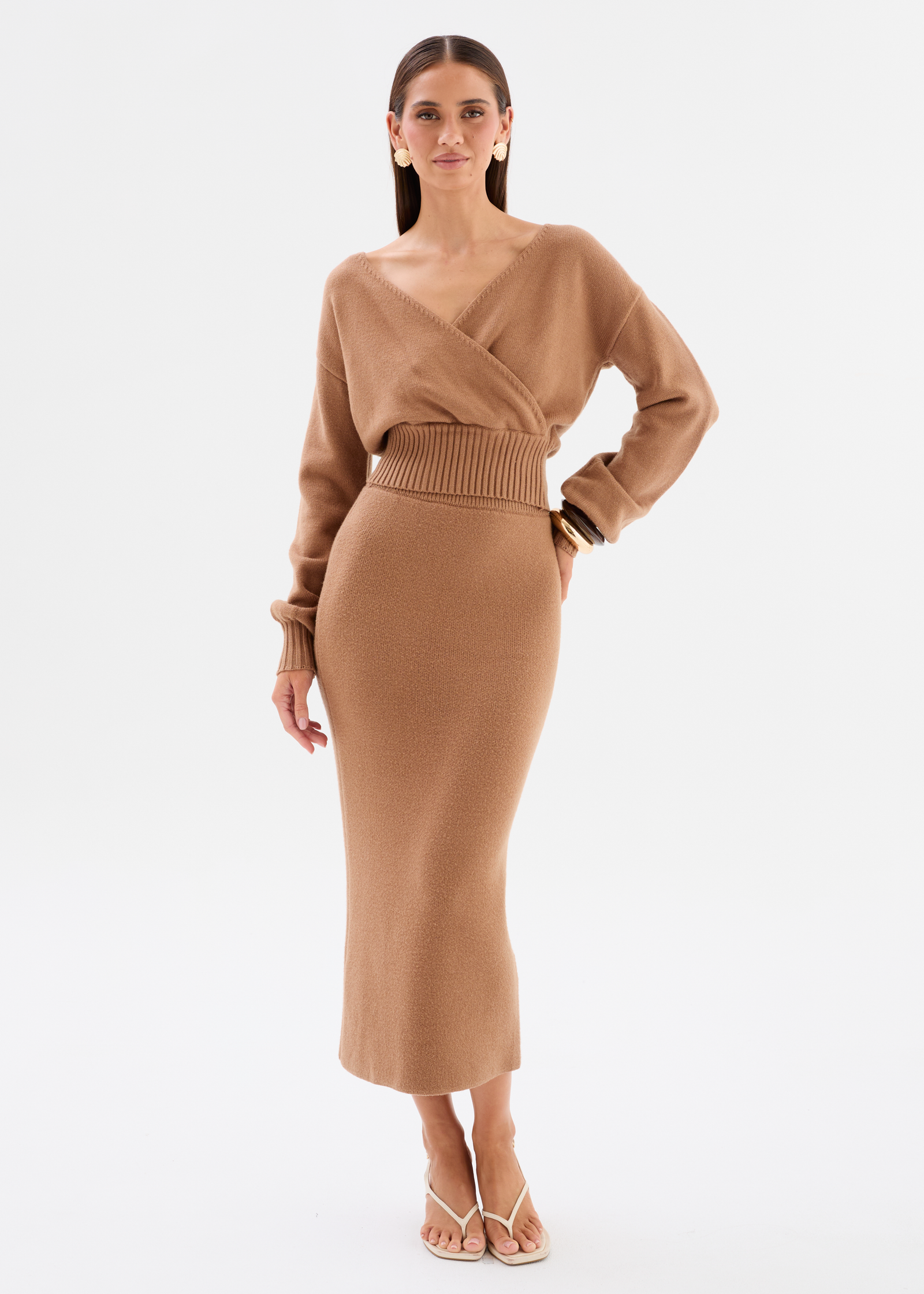 Camel Knit Wrap Top and Fitted Midi Skirt — Knit Set Outfits