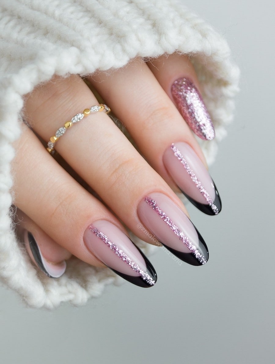 Glossy Glitter Sheer Pink Black Glitter French Tip Almond Nails Glossy Glitter Sheer Pink Black Glitter French Tip Almond Nails — Winter Almond Nails