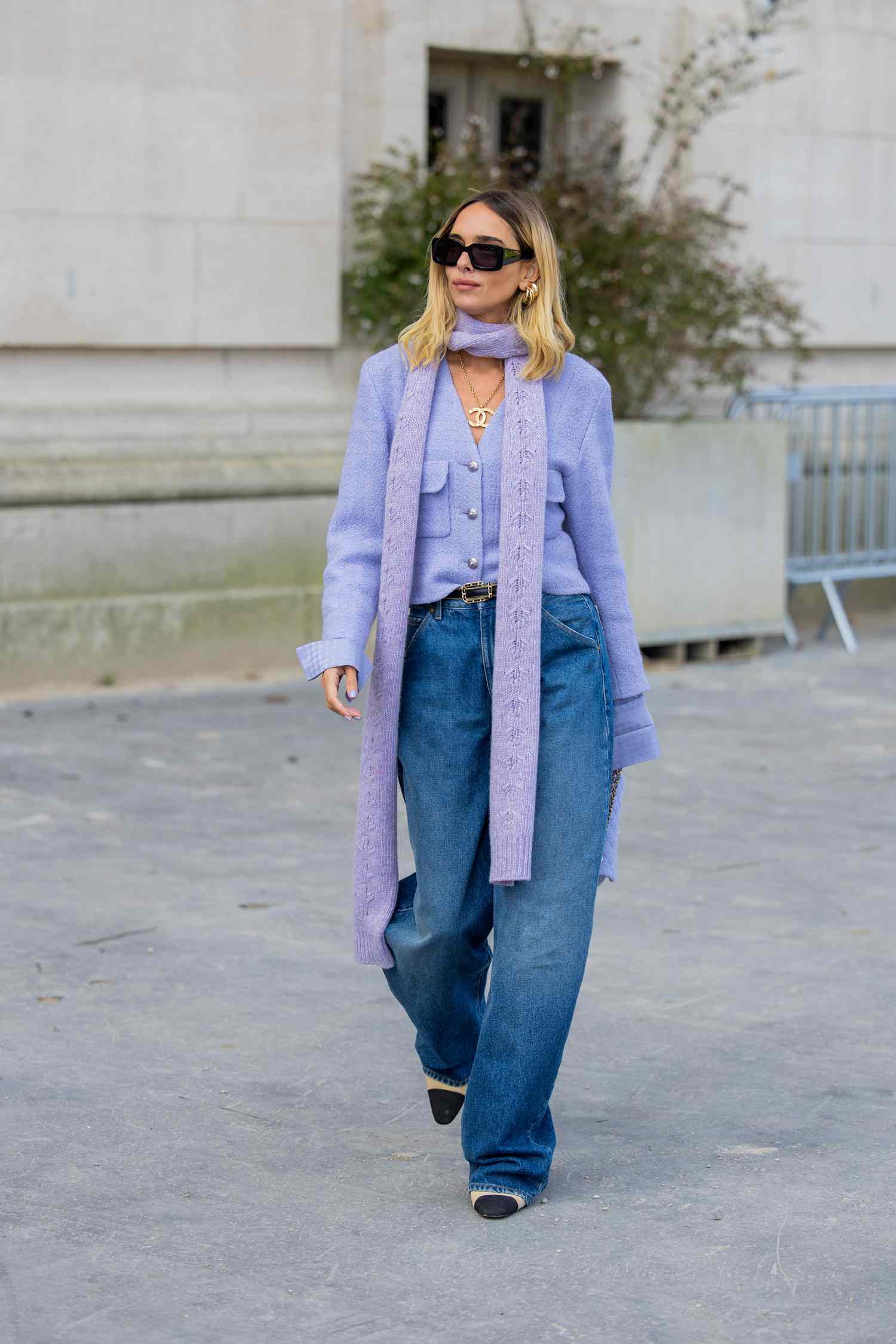 Lilac Cardigan and Scarf Set with Wide-Leg Jeans — Cardigan Outfits