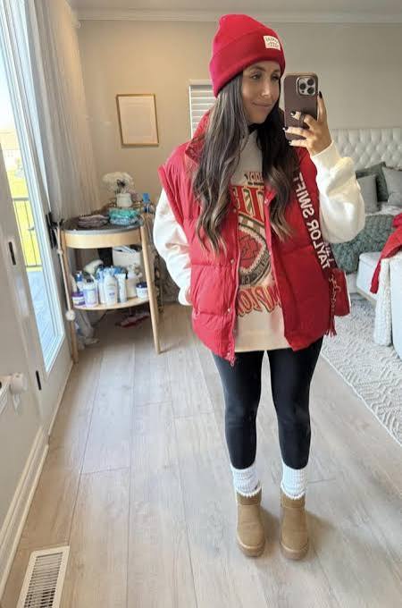 Red Puffer Vest Over Sweatshirt for Cold Weather Game Day Red Puffer Vest Over Sweatshirt for Cold Weather Game Day — Cold Weather Game Day Outfits