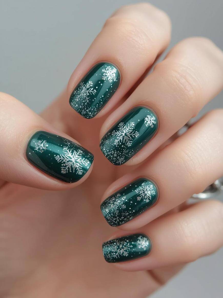 Short Deep Green Snowflake Glitter Nails Short Deep Green Snowflake Glitter Nails — Winter Green Nails