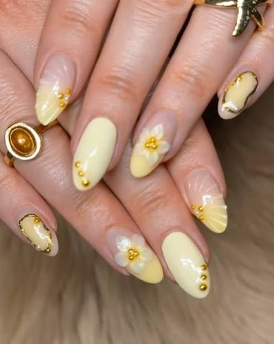 Butter Yellow with 3D Flowers and Gold Beads Butter Yellow with 3D Flowers and Gold Beads — yellow nail designs