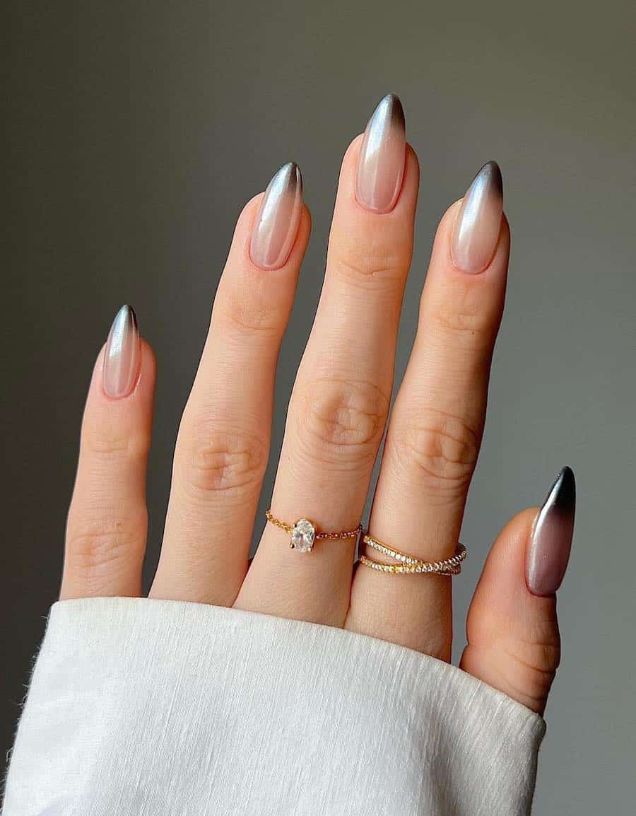 Chrome Silver Black Ombre Stiletto Nails Chrome Silver Black Ombre Stiletto Nails — Winter Ombre Nails