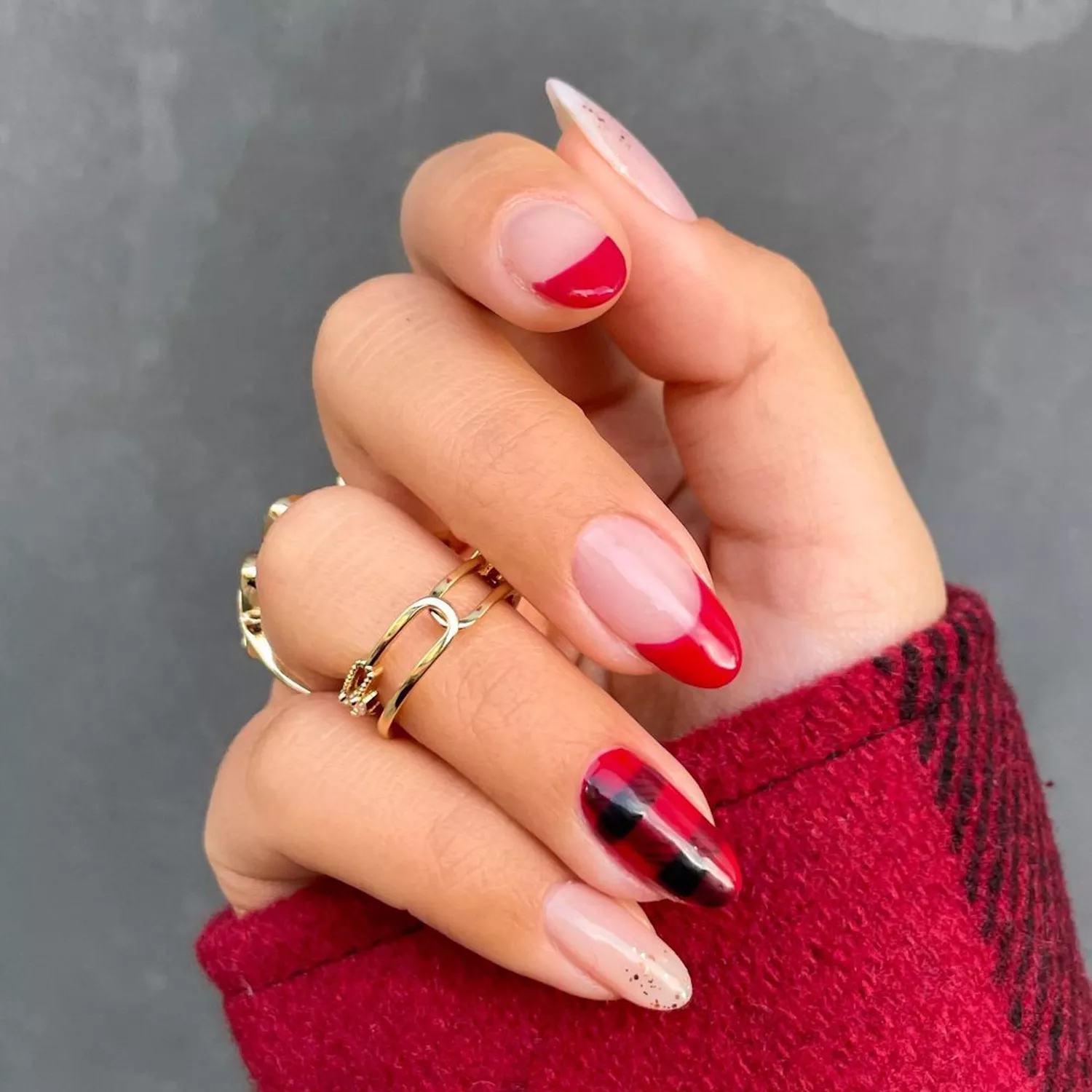 Red Plaid Accent French Almond — Winter French Tip Nails