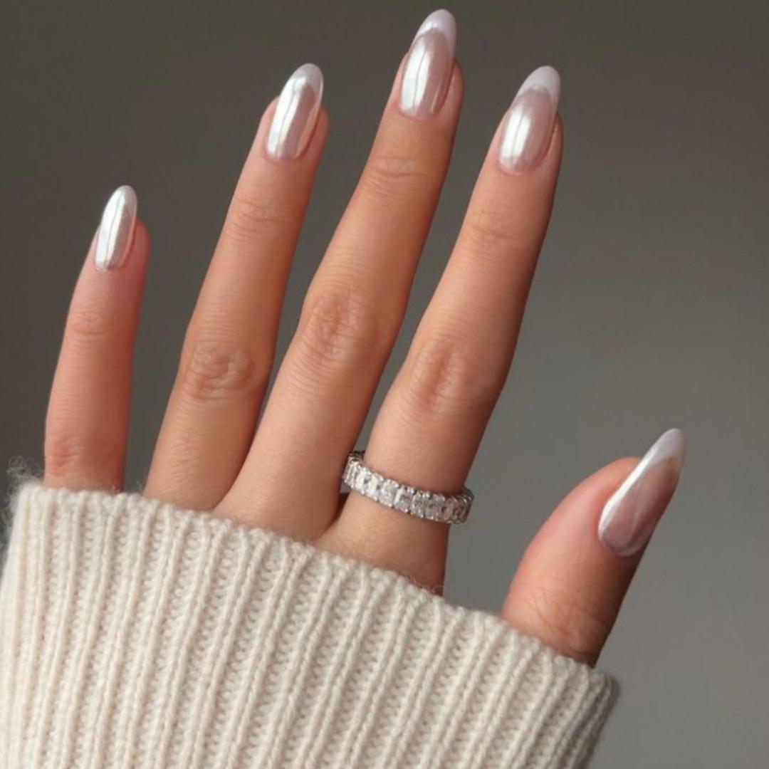 Pearlescent Milky French Almond Nails Pearlescent Milky French Almond Nails — Winter Wedding Nails