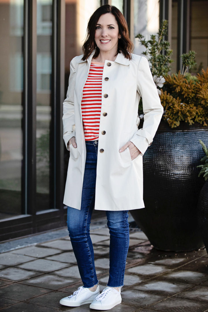 Cream Trench Coat with Striped Shirt and Jeans — Winter to Spring Transition Outfits