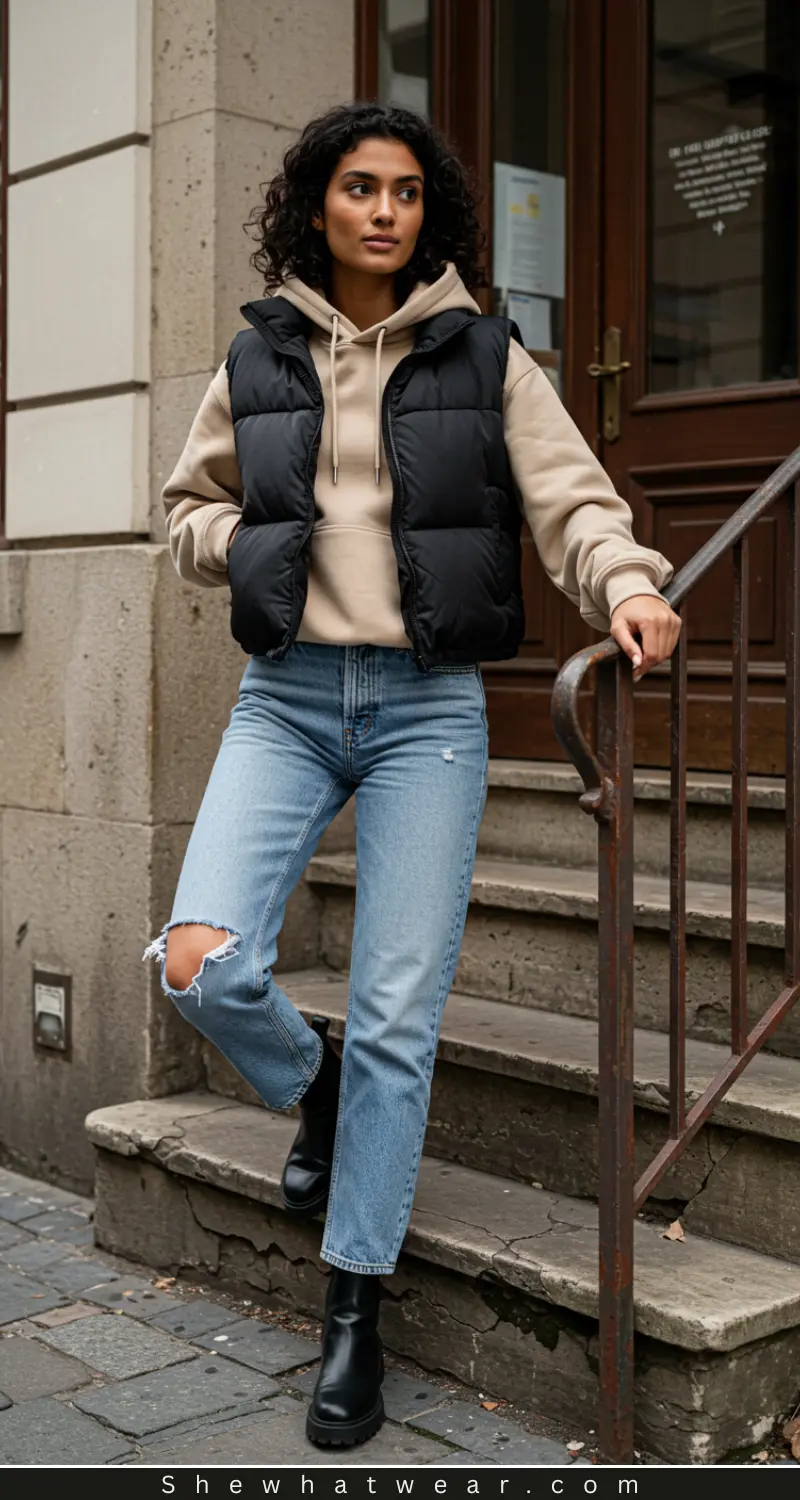 Black Puffer Vest with Hoodie and Ripped Jeans — Puffer Vest Outfits