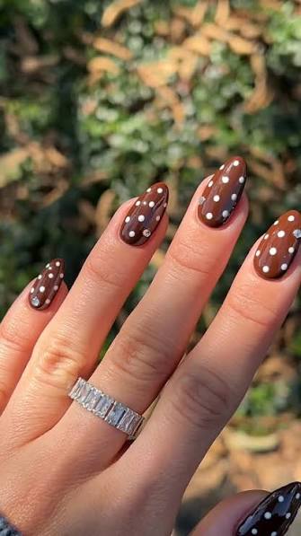 Polka Dots and Rhinestones Medium Almond Nails Polka Dots and Rhinestones Medium Almond Nails — brown nail designs
