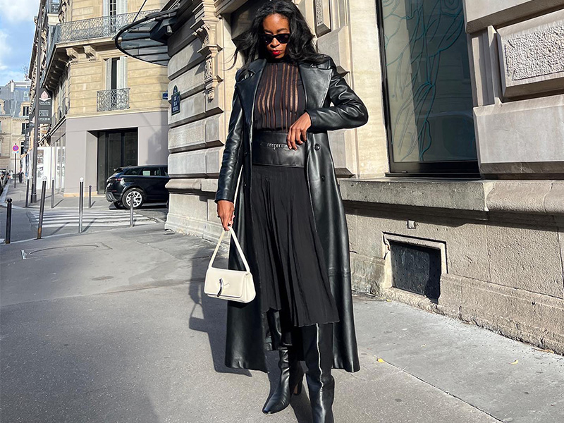 Black Pleated Midi Skirt with Leather Trench Coat — Winter Skirt Outfits