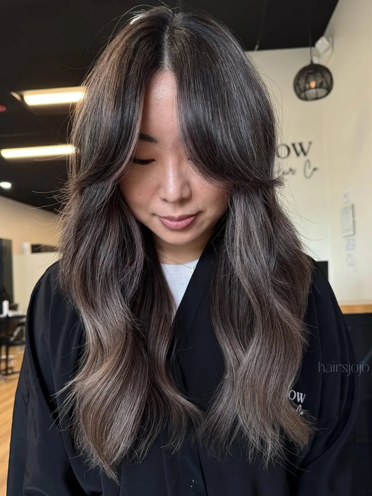 Mid-Back Ash Brown with Ash Blonde Highlights and Curtain Bangs — Ash Brown Hair