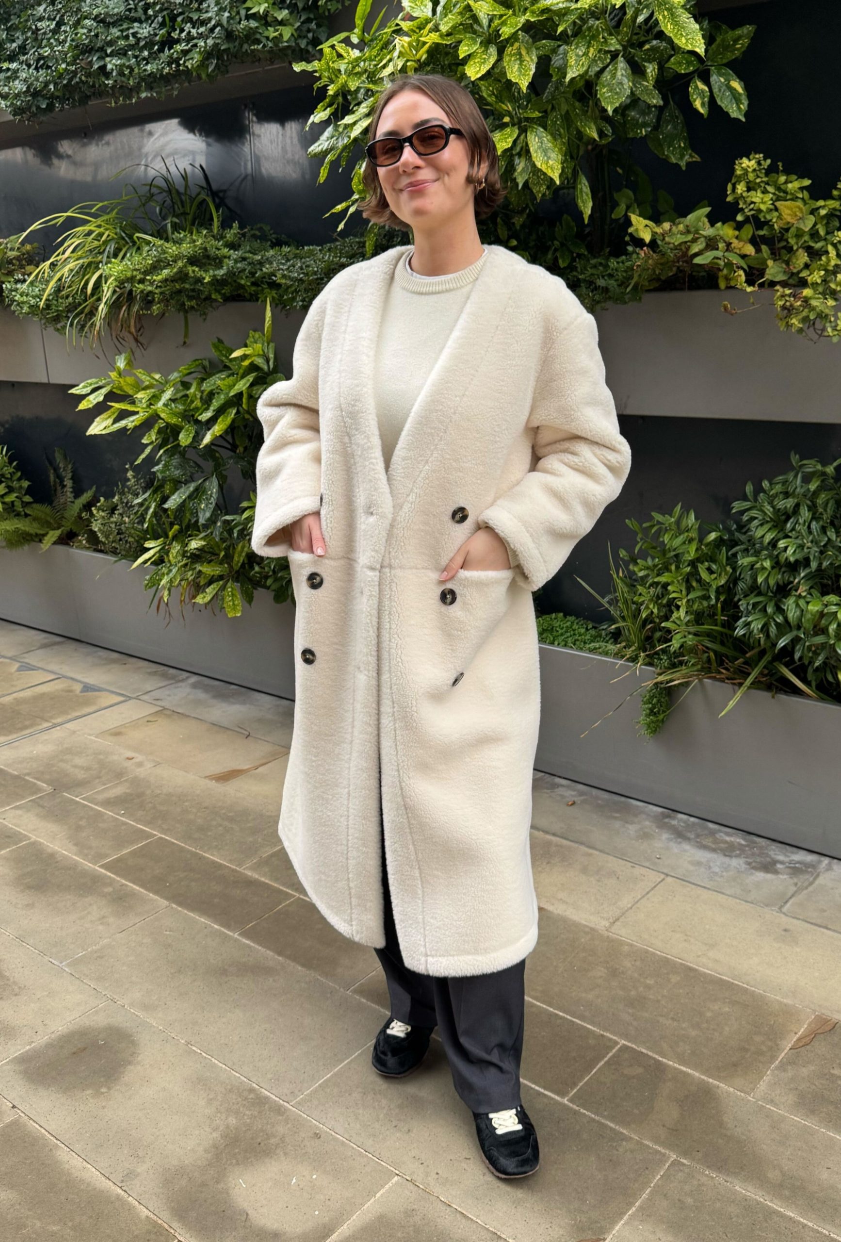 Elevated Casual: Cream Teddy Coat with Grey Trousers — Teddy Coat Outfits