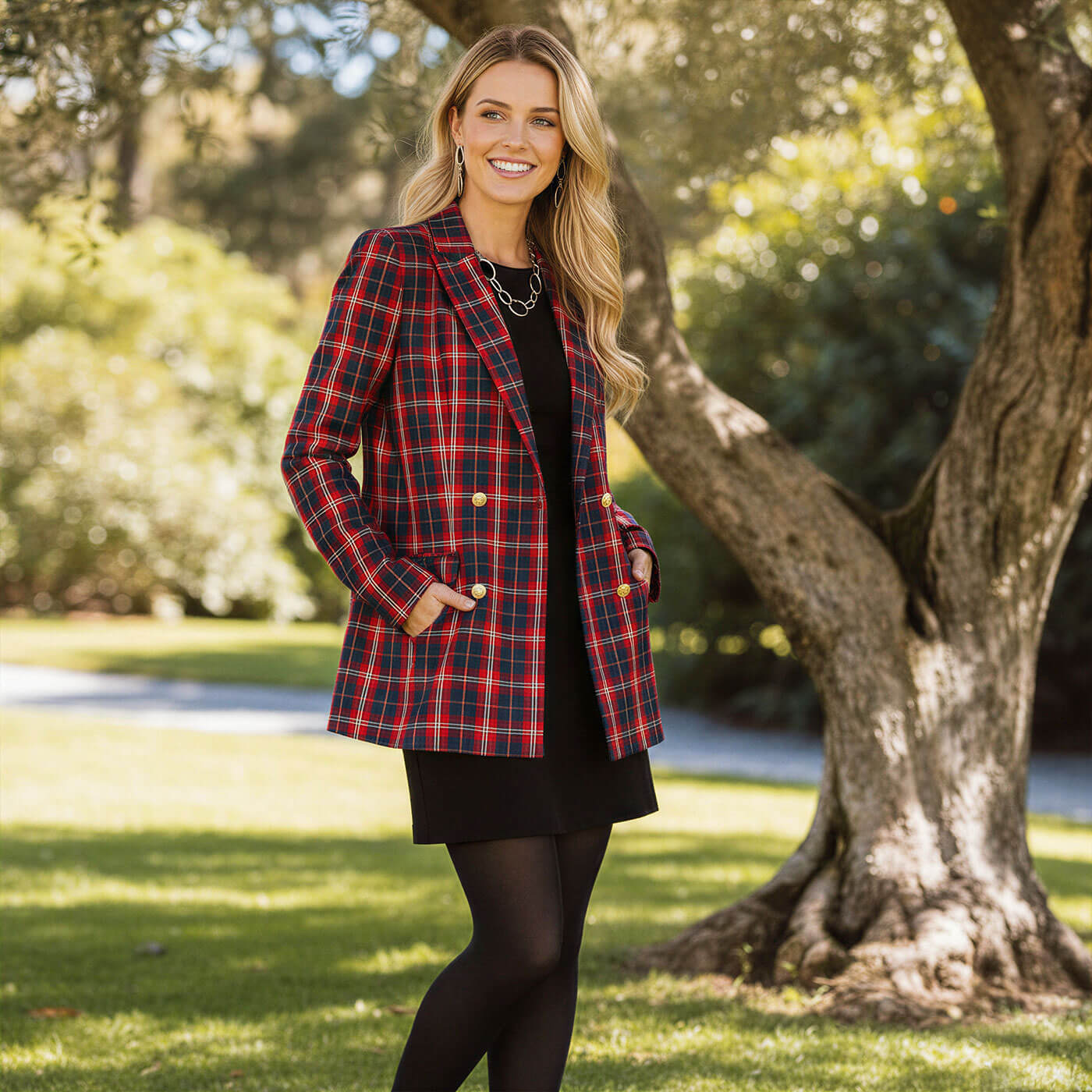 Plaid Blazer Over Black Dress Plaid Blazer Over Black Dress — Winter Teacher Outfits