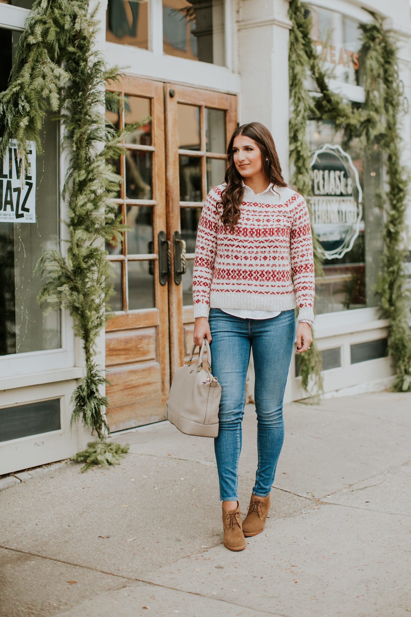 Cream and Red Fair Isle Sweater with Blue Jeans for Holidays Cream and Red Fair Isle Sweater with Blue Jeans for Holidays — Fair Isle Sweater Outfits