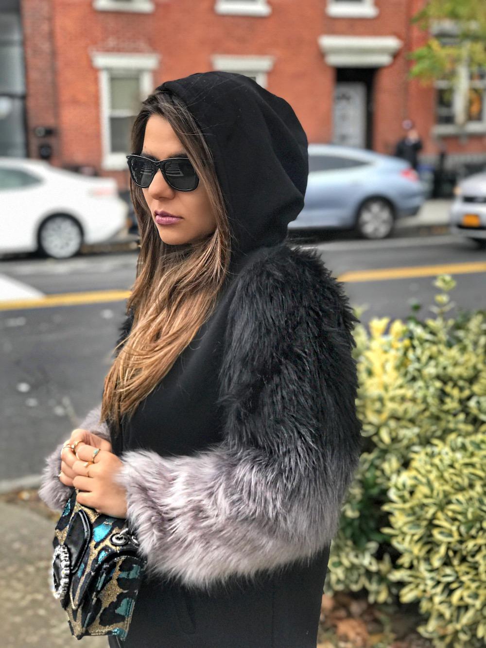 Black Top with Faux Fur Sleeves Under Black Coat Black Top with Faux Fur Sleeves Under Black Coat — Winter Outfits for Warm Weather