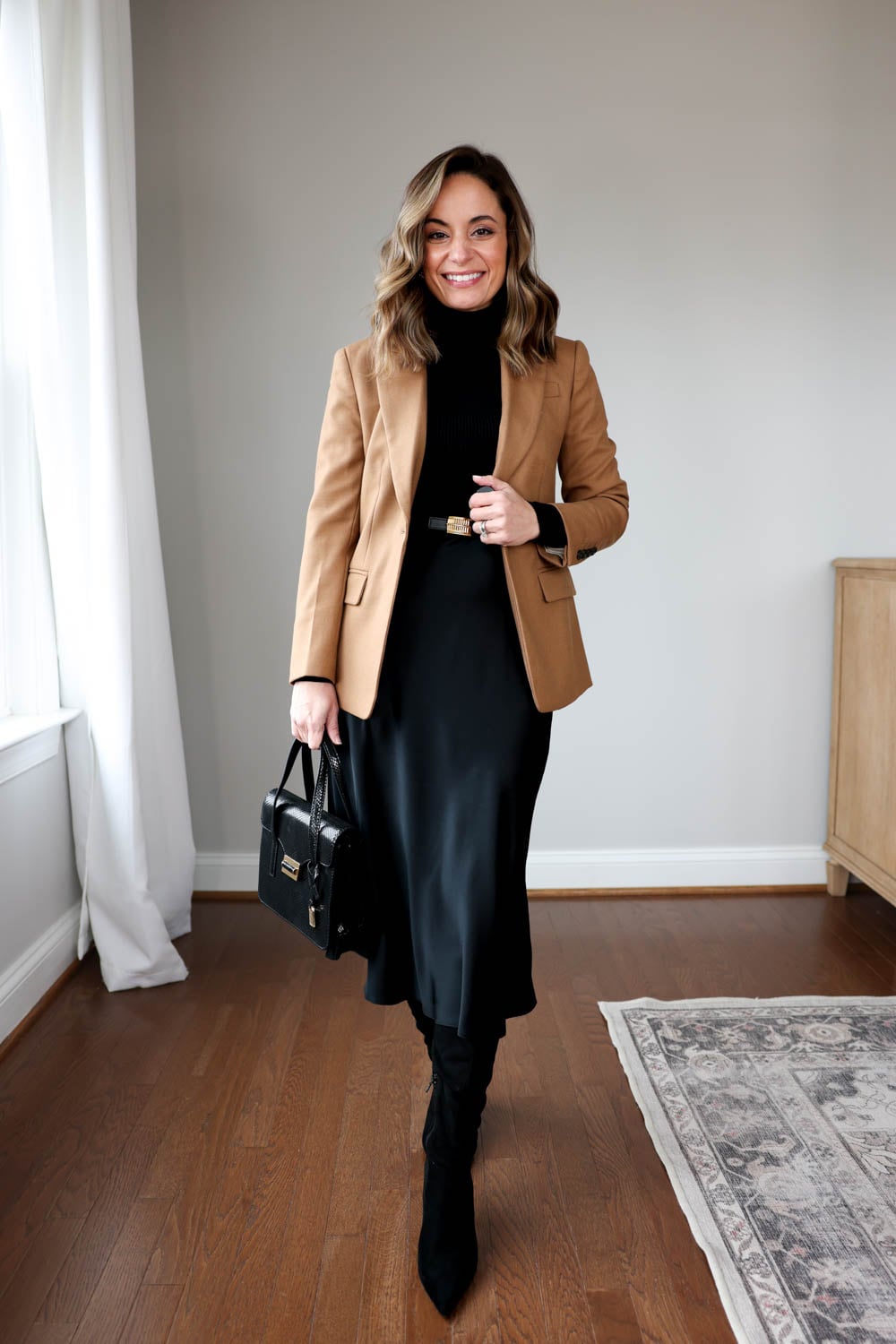 Camel Blazer and Satin Skirt for Work or Evening Camel Blazer and Satin Skirt for Work or Evening — Winter Outfits