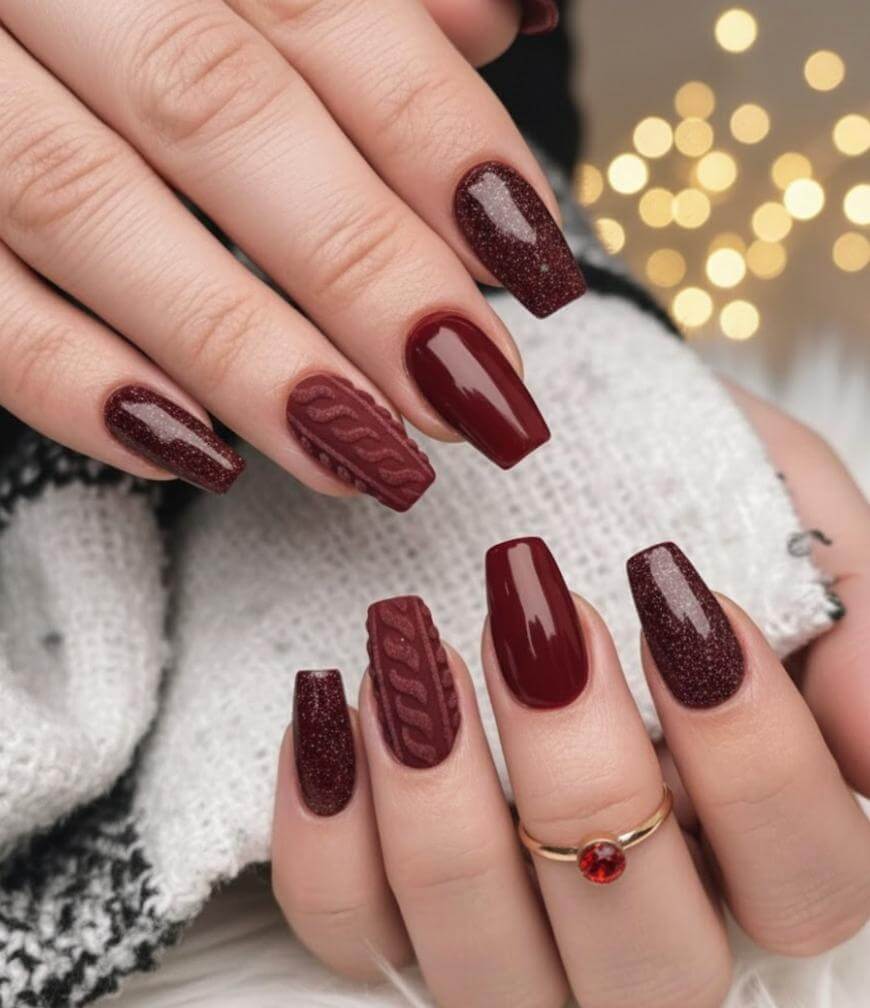 Matte Burgundy with 3D Cable Knit Texture Matte Burgundy with 3D Cable Knit Texture — Burgundy Nails
